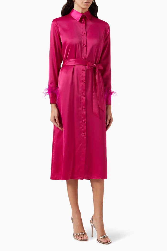 

Feather-trimmed Belted Midi Dress in Satin, Pink