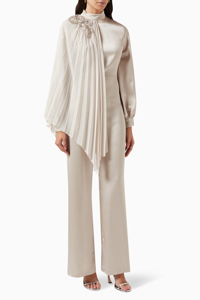 

Pleated Cape Jumpsuit in Satin, Neutral