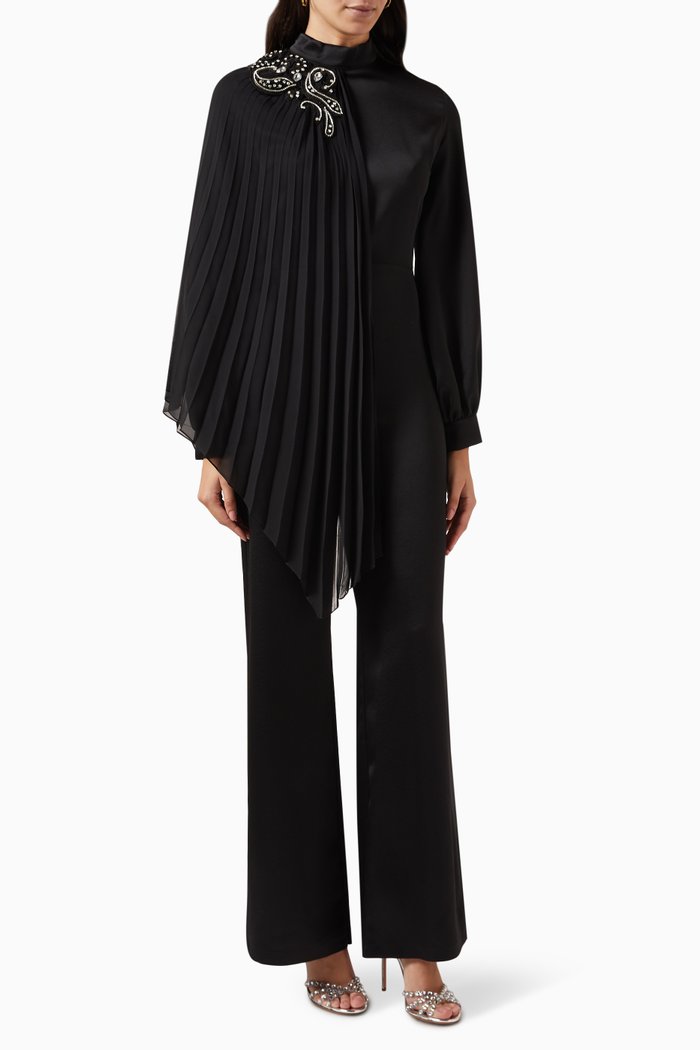 

Pleated Cape Jumpsuit in Satin, Black