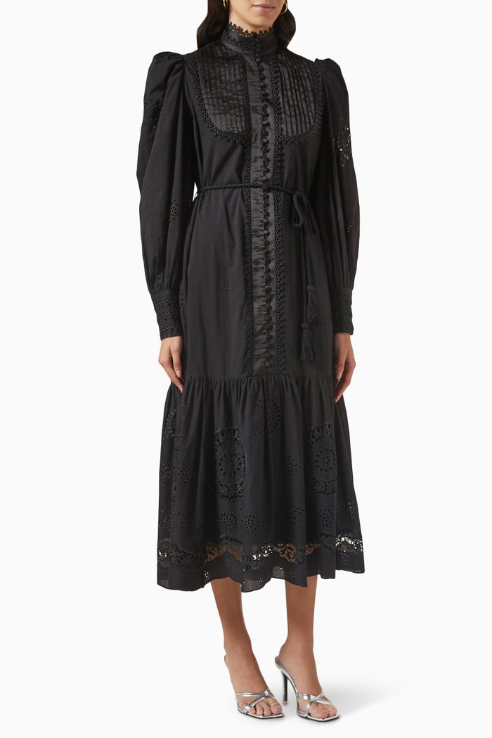 

Eyelet Midi Dress in Cotton, Black