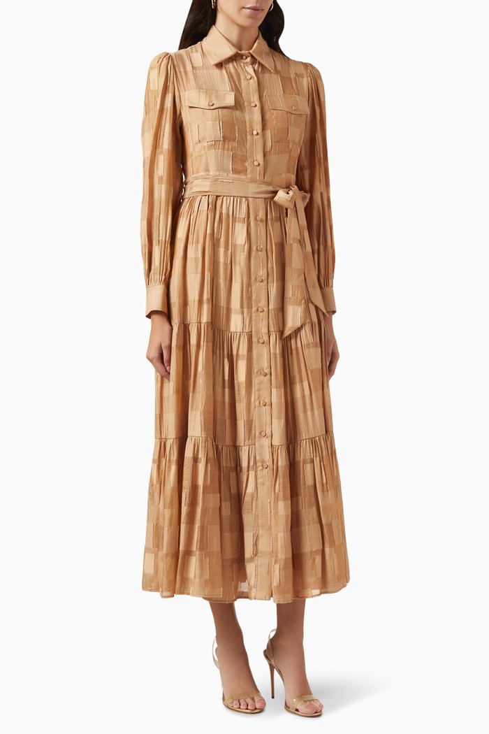 

Belted Midi Dress in Jacquard, Brown