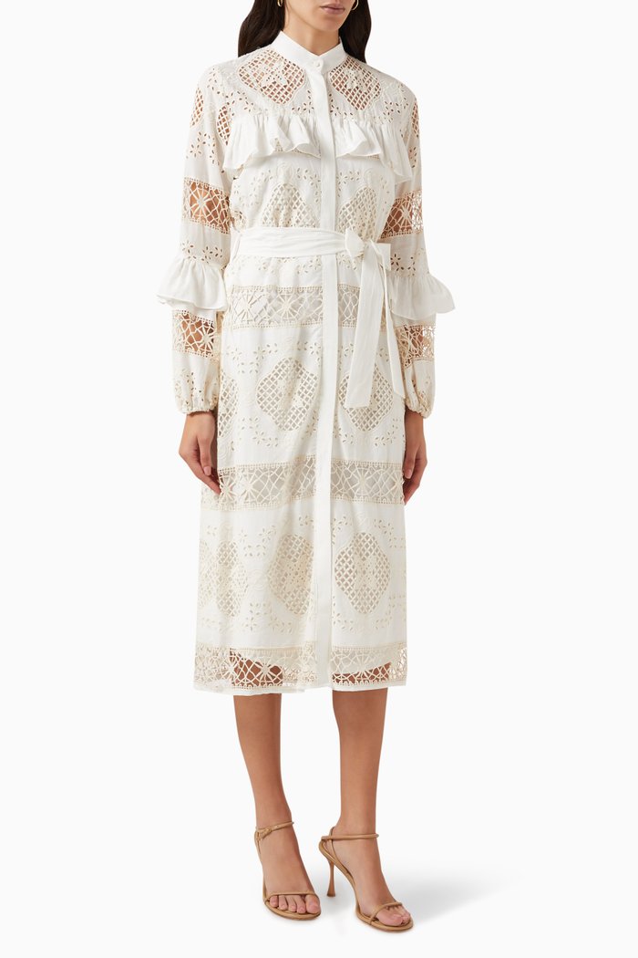 

Crochet-knit Belted Midi Dress, White