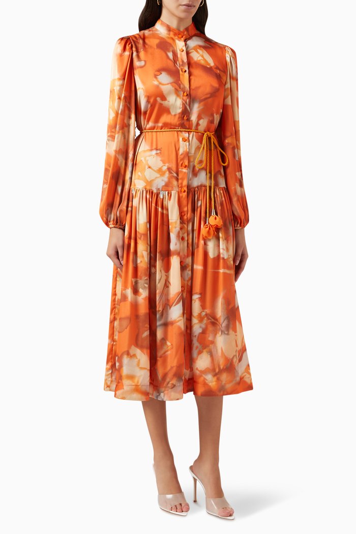 

Floral-print Midi Dress in Crepe, Orange