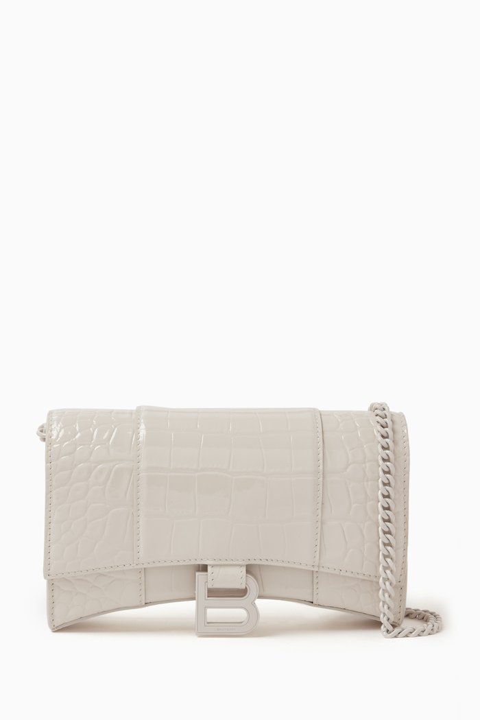 

Hourglass Wallet on Chain in Varnished Crocodile-embossed Calfskin, White