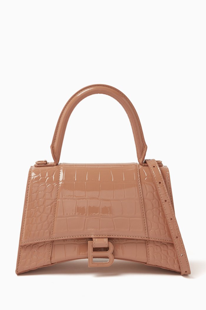 

Small Hourglass Top Handle Bag in Varnished Crocodile-embossed Calfskin, Neutral
