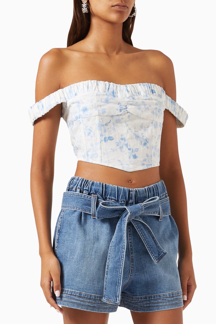Little Milk Jug Ruched Corset Top in Poplin, Blue