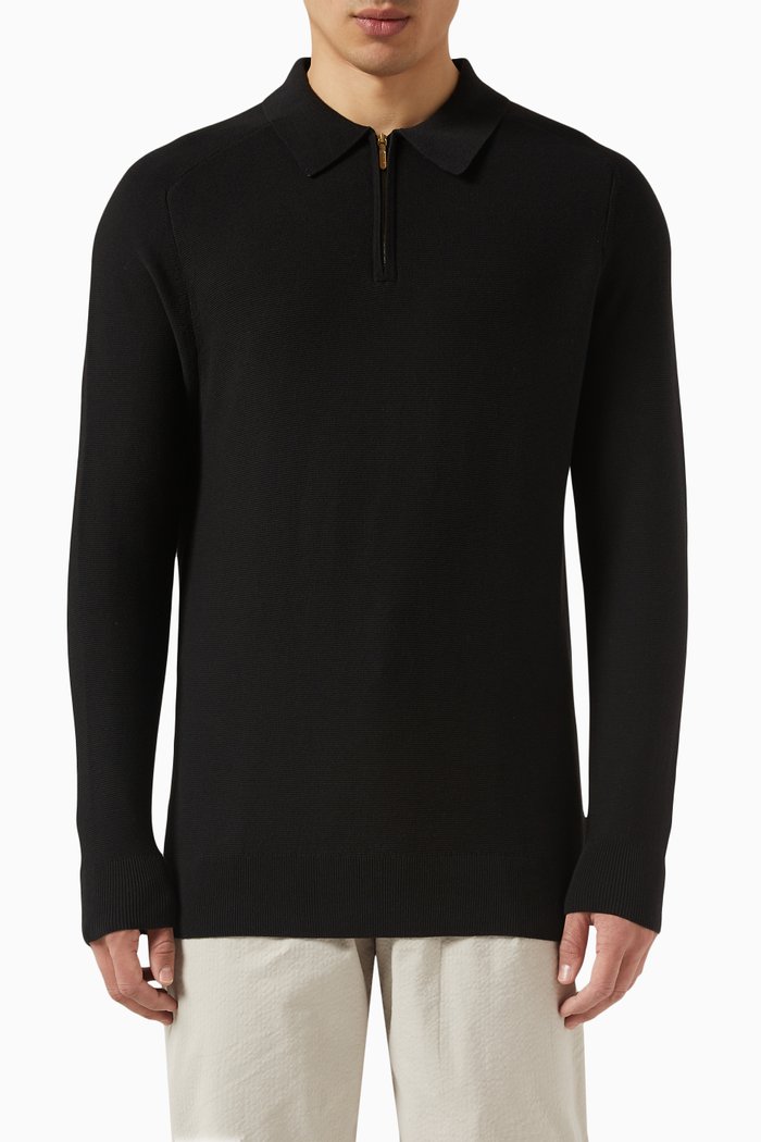 Harlow Long Sleeved Polo in Cotton, Black