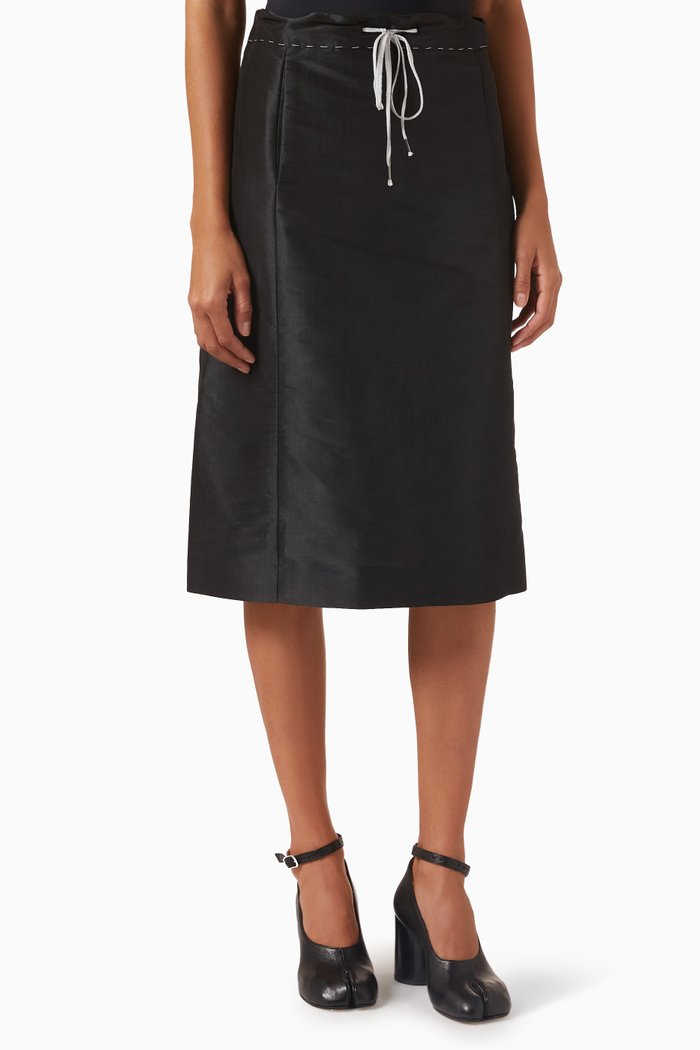 

Drawstring Midi Skirt in Silk Blend, Black