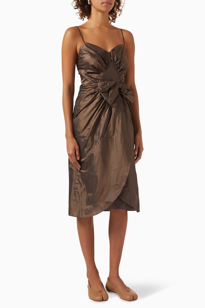 Draped Bow-detailed Midi Dress in Silk, Brown