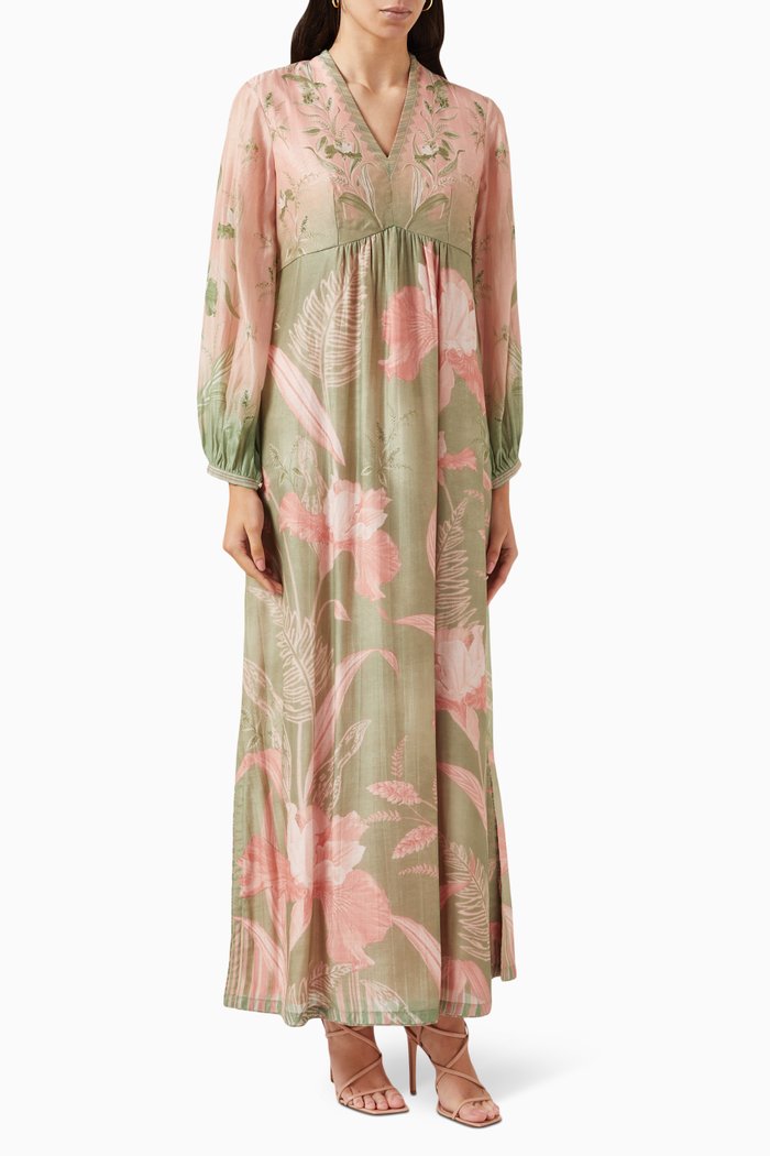 

V-neck Floral-print Kaftan in Cotton-silk, Green