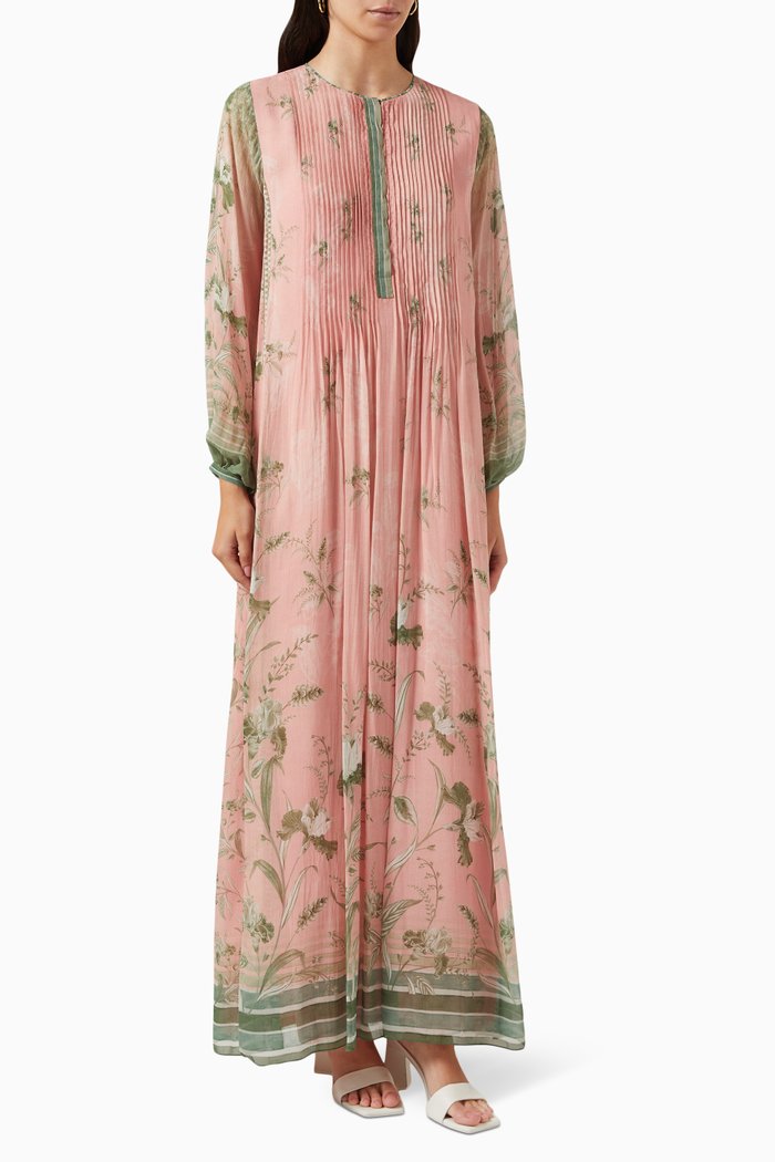 

Pleated Floral-print Maxi Kaftan in Georgette, Pink
