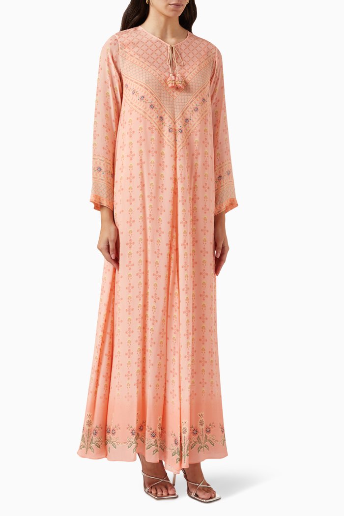 

Printed Maxi Kaftan in Crepe, Pink