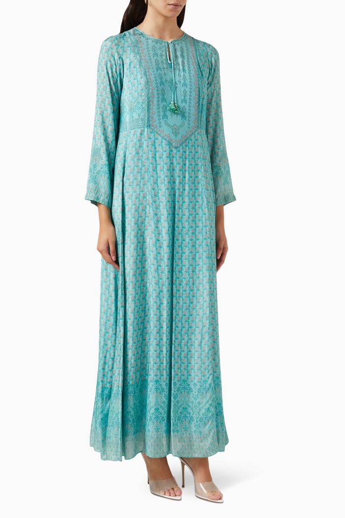 

Printed Maxi Kaftan in Silk, Blue