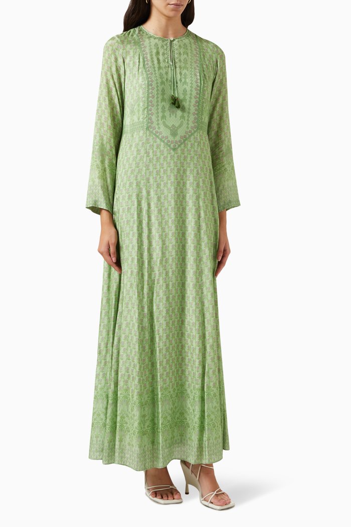

Printed Maxi Kaftan in Silk, Green