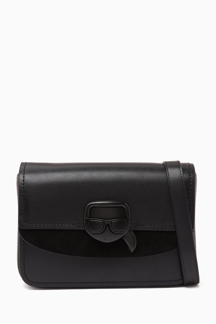 

K/Ikonik Flap Crossbody Bag in Leather, Black