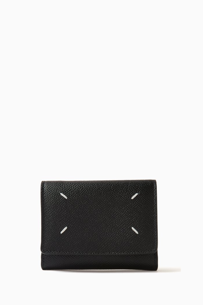 Zip Compact Tri-Fold Wallet in Calfskin Leather, Black
