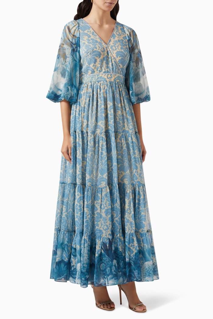 Ikebana Floral-print Maxi Dress in Chiffon, Blue
