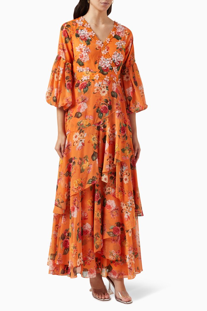 

Venus Floral-print Ruffled Maxi Dress in Chiffon, Orange