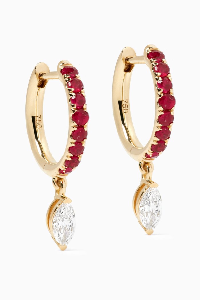 Marquise Diamond & Ruby Hoop Earrings in 18k Yellow Gold, Red