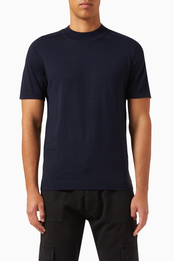 

T-shirt in Merino Wool Blend Knit, Blue