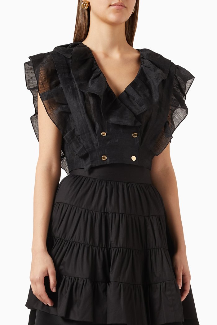

Ruffle Crop Top in Linen Blend, Black
