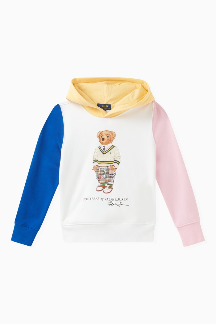 

Colour-block Polo Bear Hoodie in Cotton Fleece, White