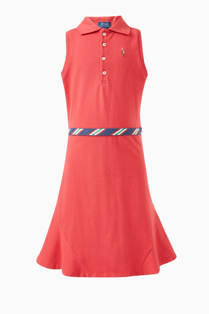 

Grosgrain Trim Polo Day Dress in Cotton Stretch, Red