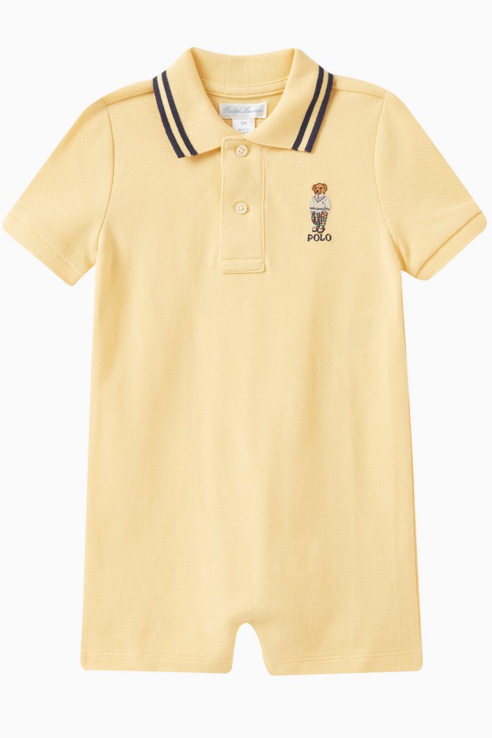 Striped Polo Bear Romper in Cotton, Yellow