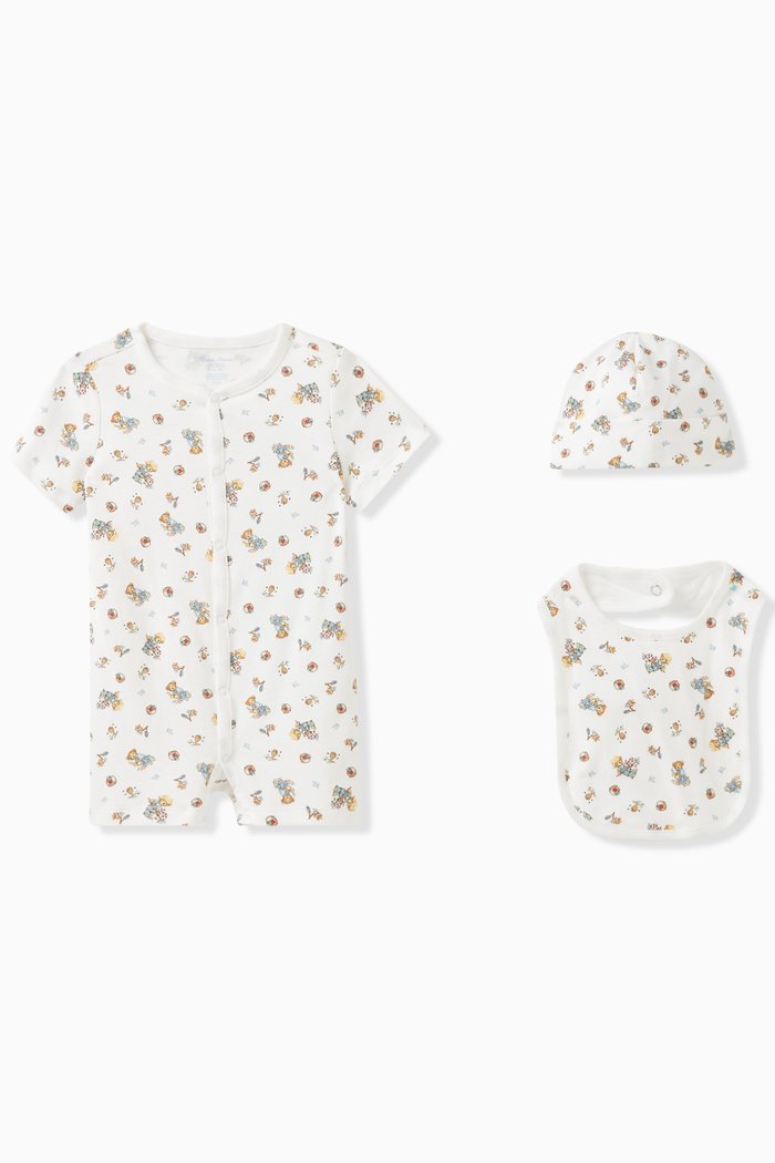 

Polo Bear Romper, Beanie & Bib Set in Cotton, White