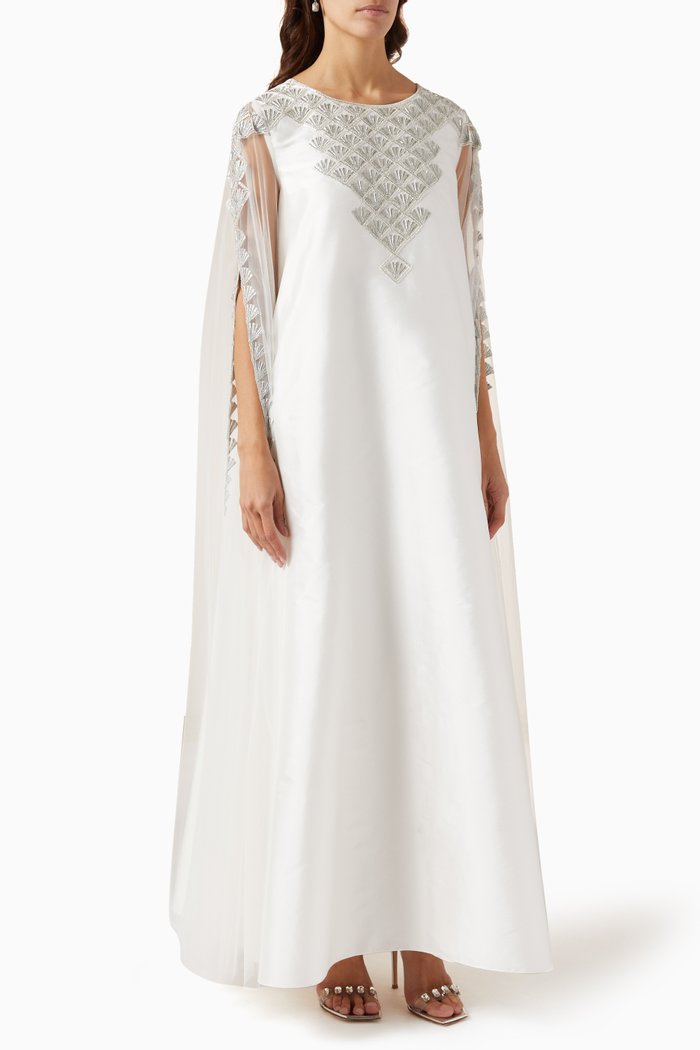 Marquee Cape Dress in Silk Taffeta & Tulle, White