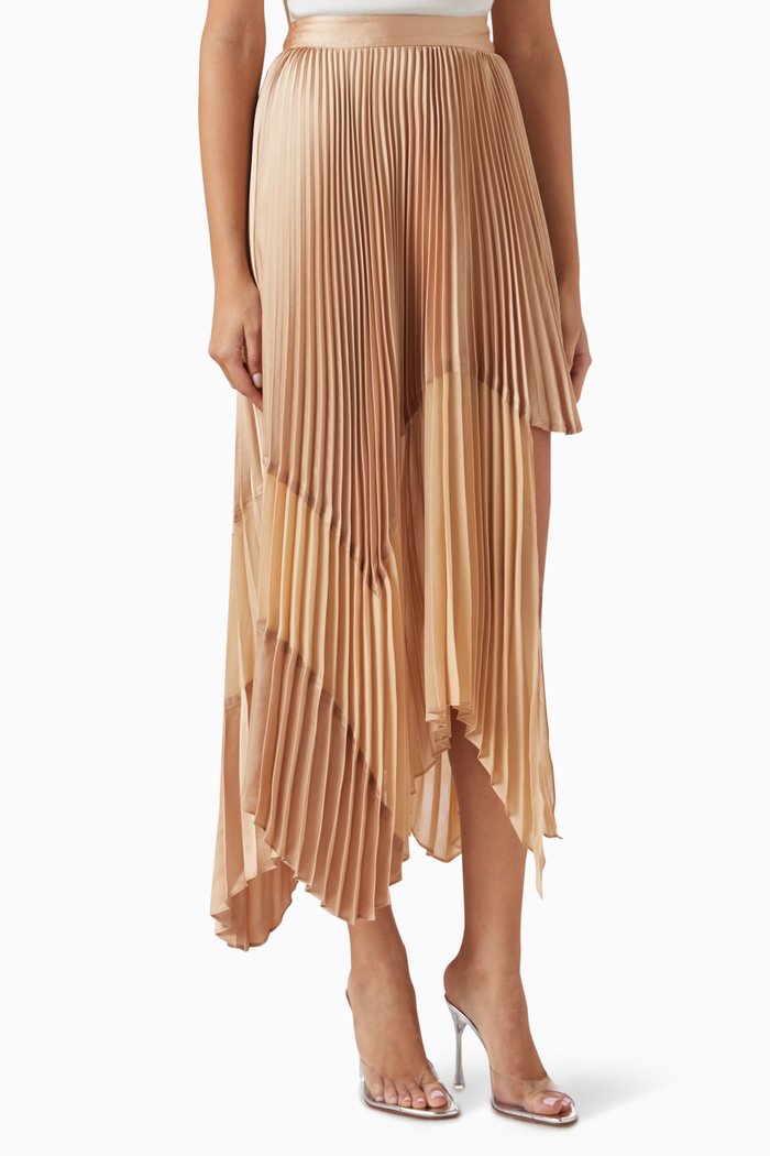 

Fraley Sunburst Pleated Asymmetrical Skirt in Satin, Neutral