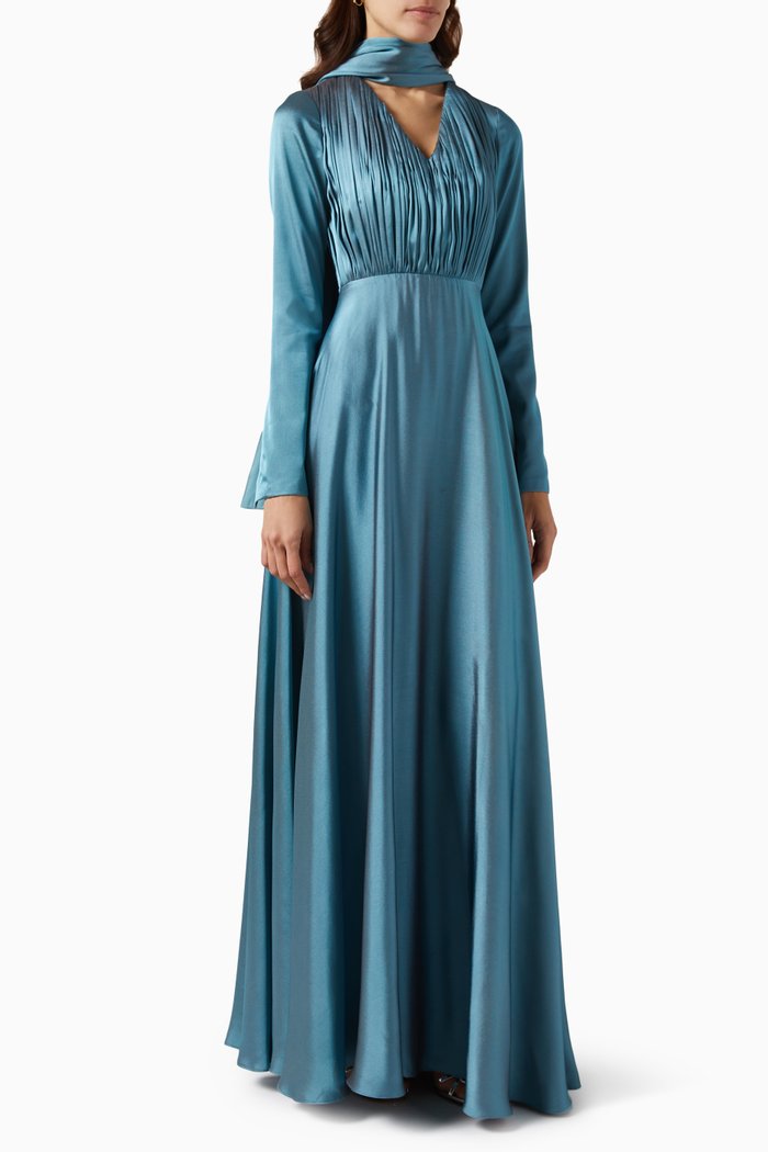 Pleated Maxi Dress in Satin, Grey