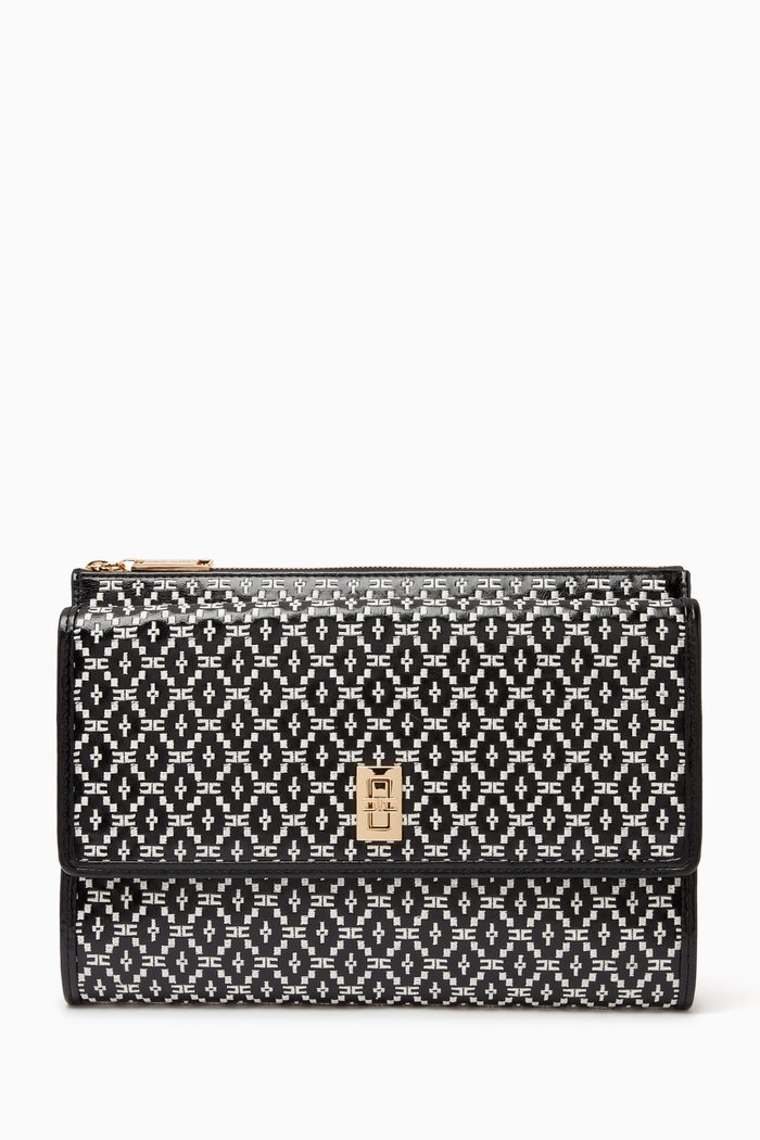 

Large Embroidered Pouch Bag in Faux Leather, Black