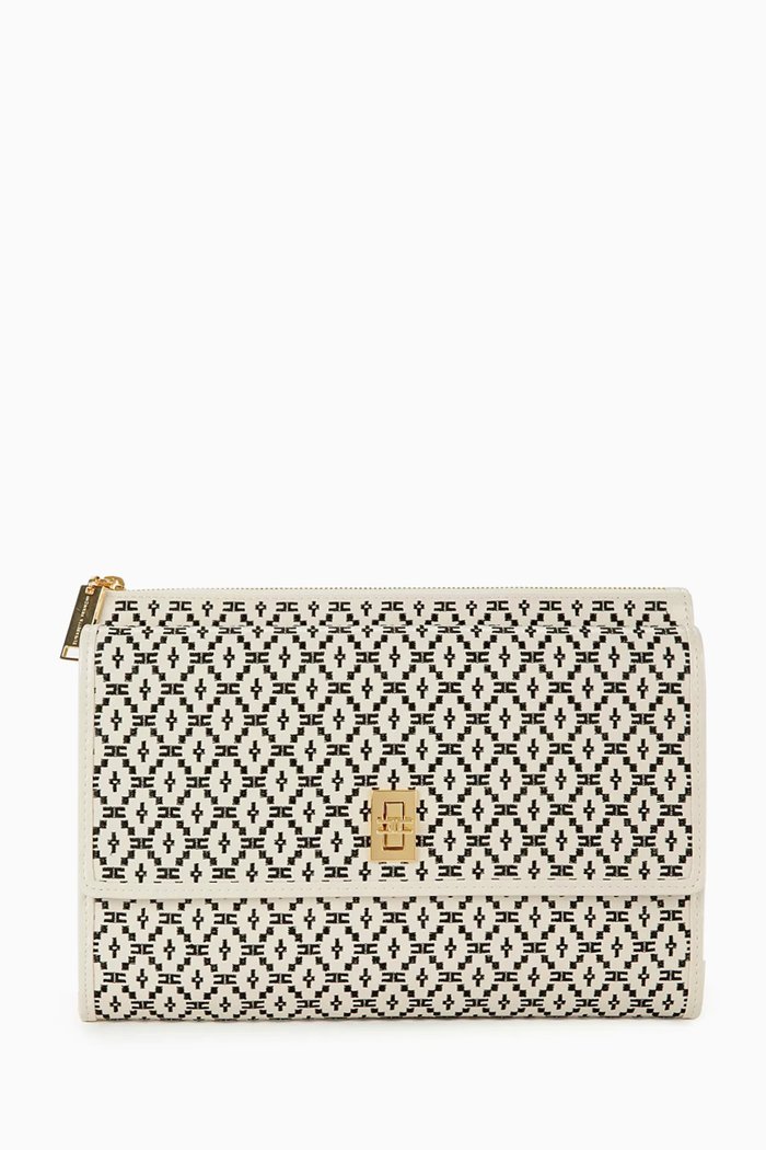 

Large Embroidered Pouch Bag in Faux Leather, Neutral