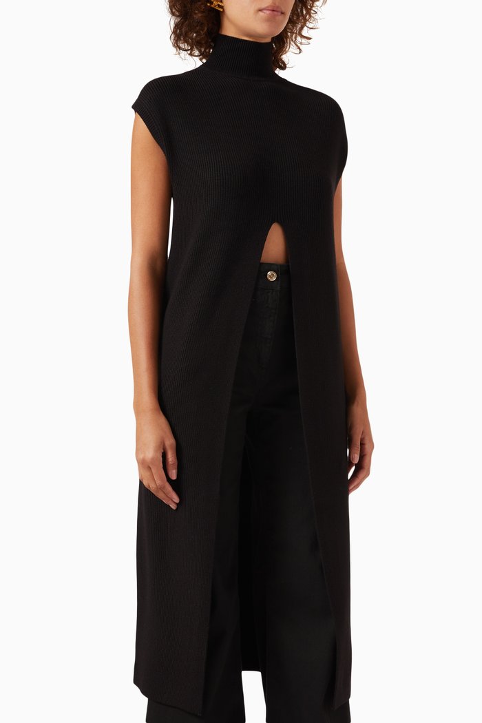 

Longline Slit Top in Viscose-blend Knit, Black