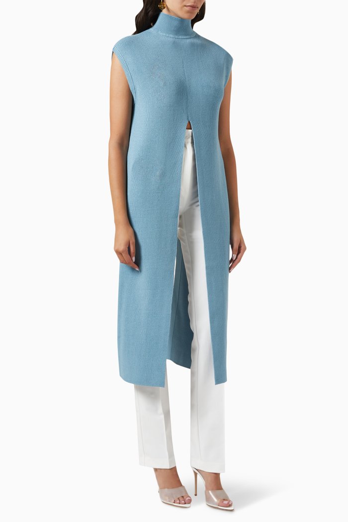 

Longline Slit Top in Viscose-blend Knit, Blue