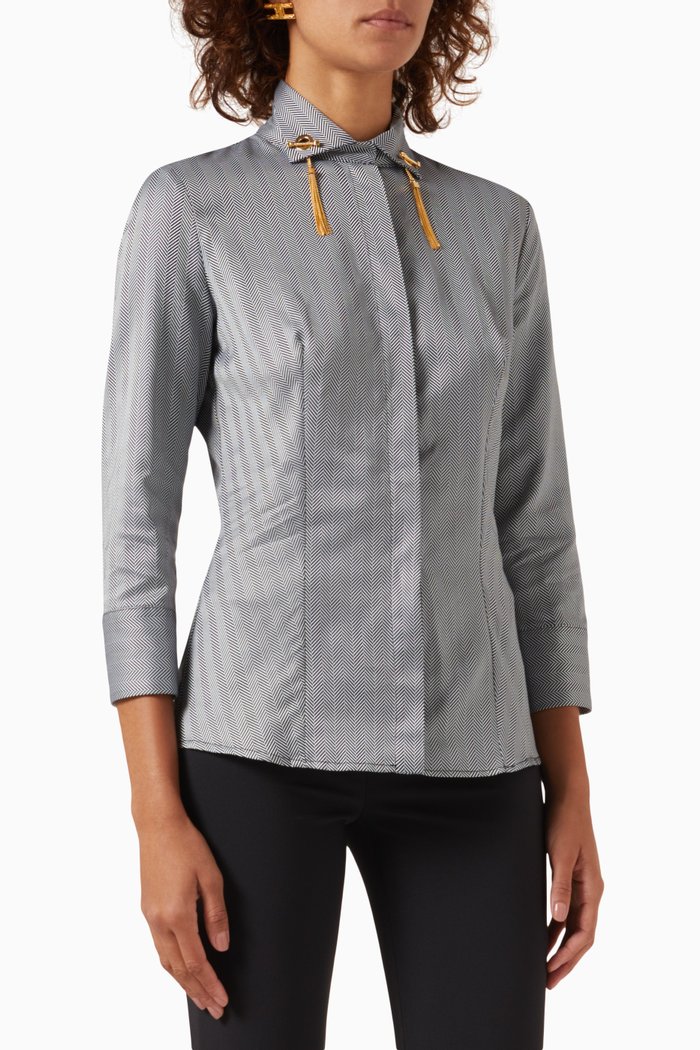 

Tasseled Tuxedo Shirt in Chevron Weave Cotton, Black