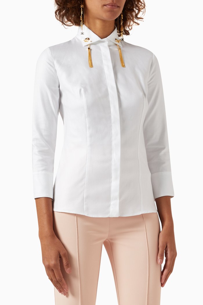 

Tasseled Tuxedo Shirt in Chevron Weave Cotton, White