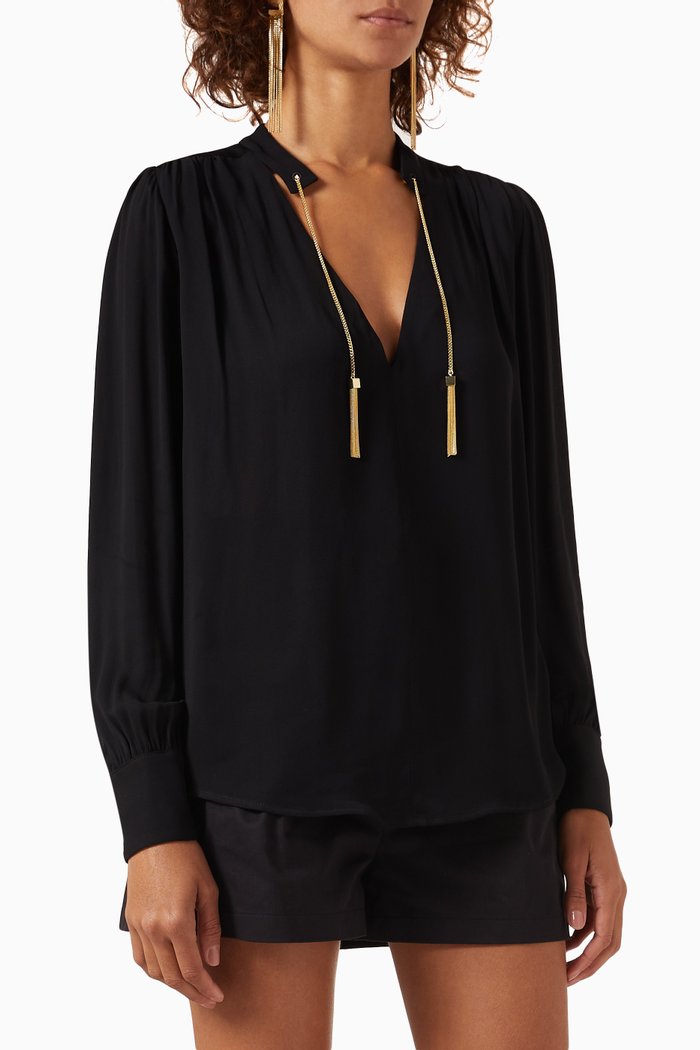 

Mandarin Collar Shirt in Georgette, Black
