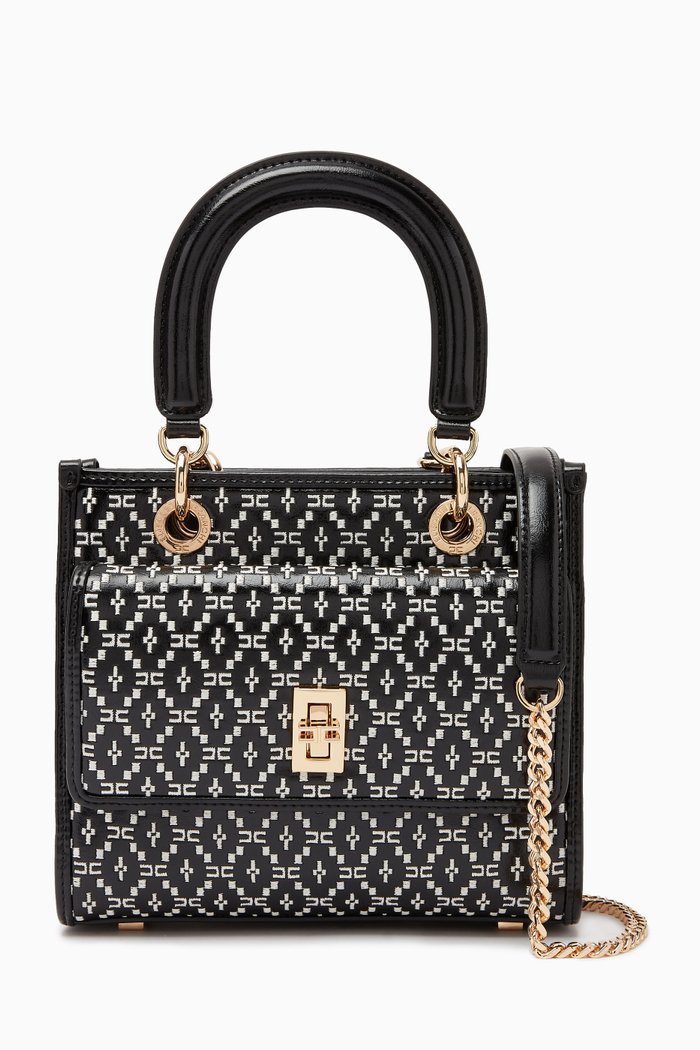 

Embroidered Mini Tote Bag in Faux Leather, Black