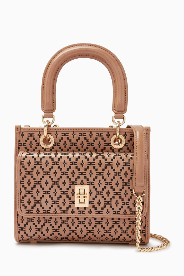 

Embroidered Mini Tote Bag in Faux Leather, Brown