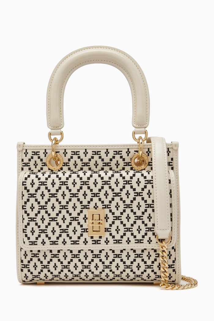 

Embroidered Mini Tote Bag in Faux Leather, Neutral