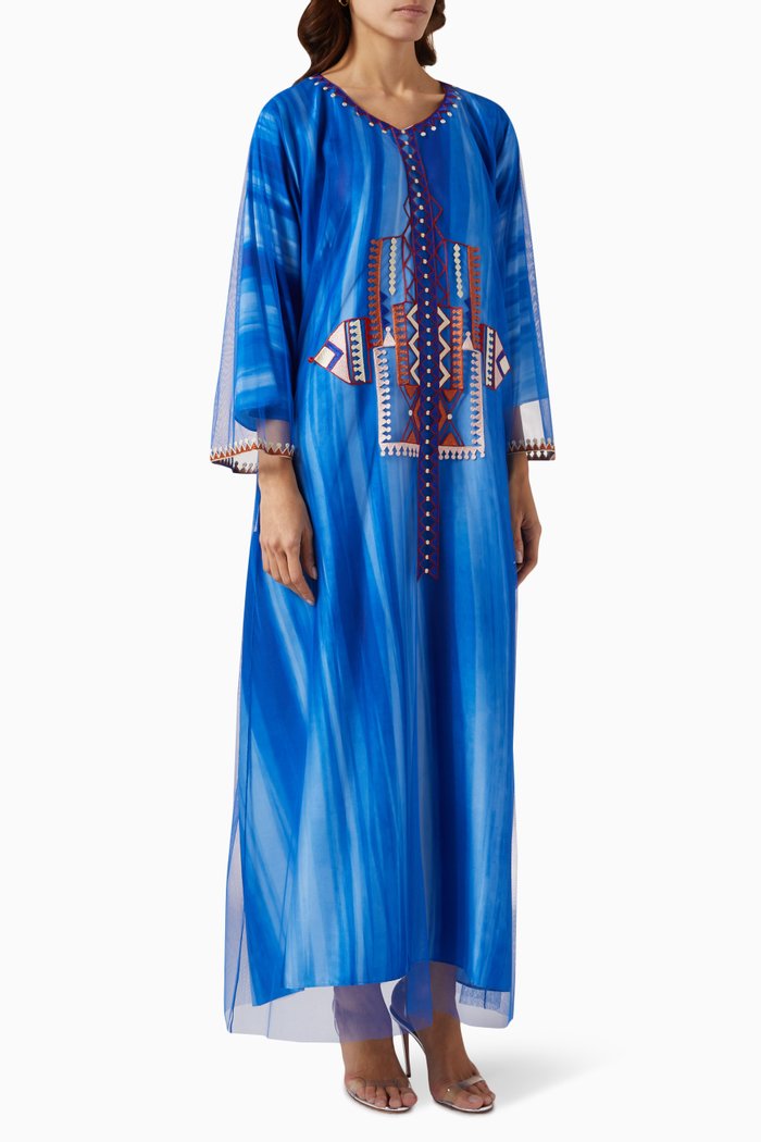 

Embroidered Kaftan in Tulle & Satin, Blue