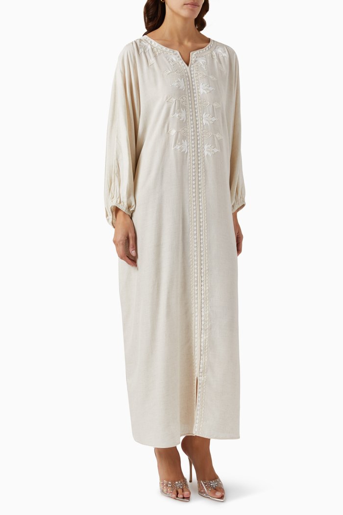 

Embroidered Kaftan in Linen, Neutral