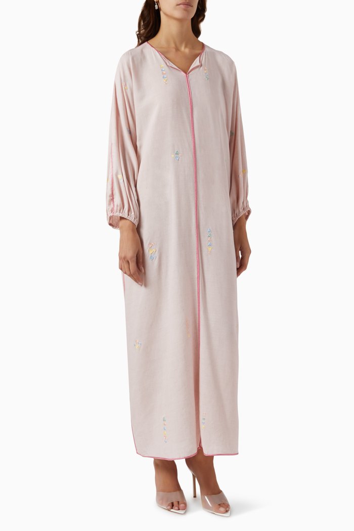 Embroidered Kaftan in Linen, Pink