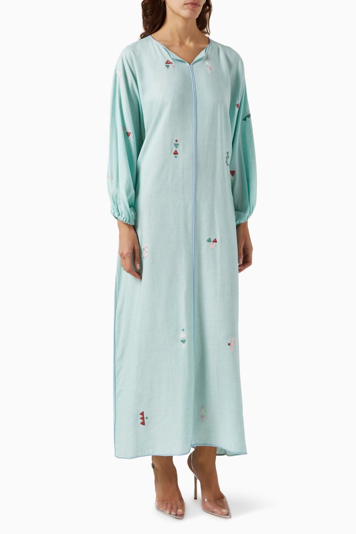 

Embroidered Kaftan in Linen, Blue