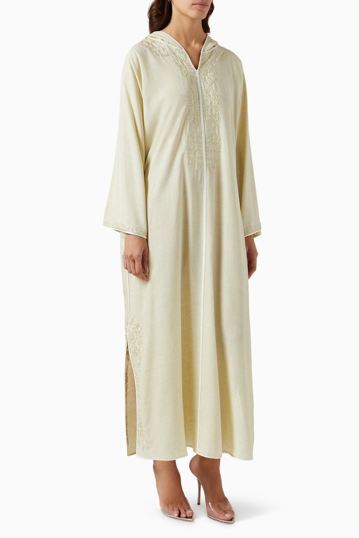 

Embroidered Hooded Kaftan in Linen, Yellow