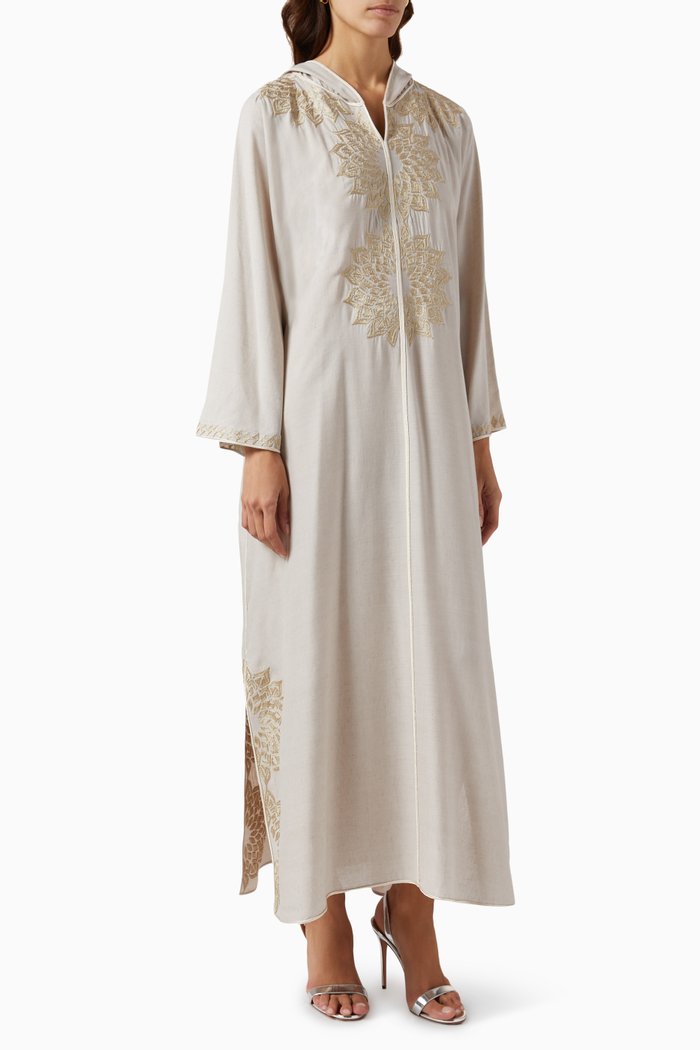 

Embroidered Hooded Kaftan in Linen, Neutral