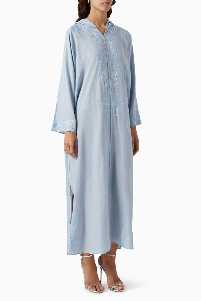 

Embroidered Hooded Kaftan in Linen, Blue