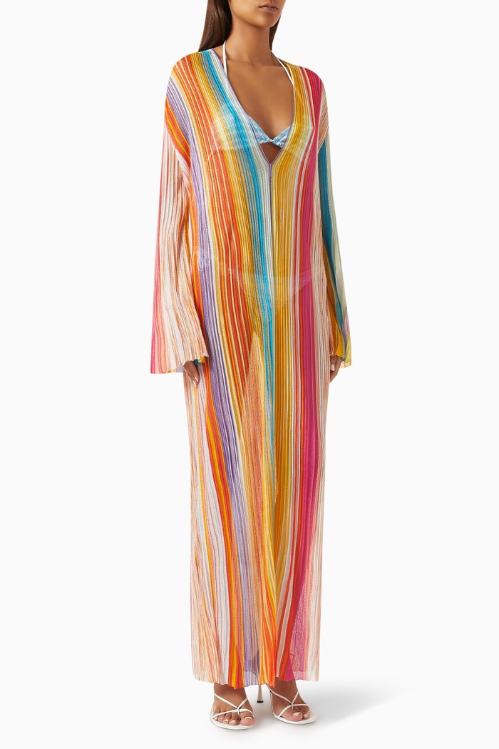 Sheer Coverup Pleated Maxi Dress in Rayon, Multicolour